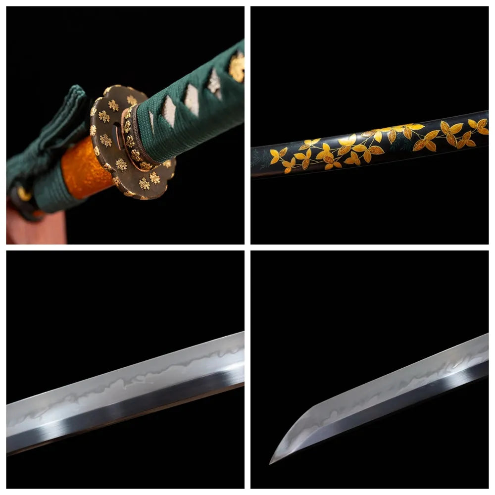 Four‑grid collage gilded‑bronze maple‑leaf‑relief tsuba, deep‑green ito tsuka, black‑gold‑gradient golden‑maple‑leaf saya, midare‑gunome layered‑maple‑undulating hamon blade close‑up details