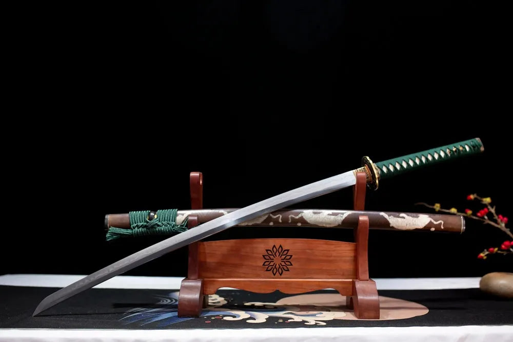Slanted upright drawn Forest‑Tiger‑Katana wilderness‑beast‑art katana wooden shelf front perspective