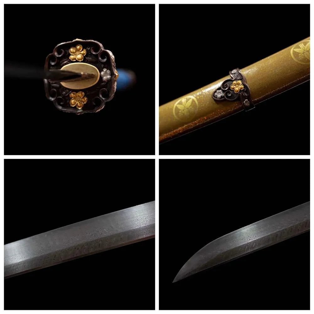 Four‑grid collage gold‑silver‑plated family‑mon copper tsuba, deep‑blue ito tsuka, vintage‑brown gilded‑mon saya, damascus folded‑grain blade close‑up details