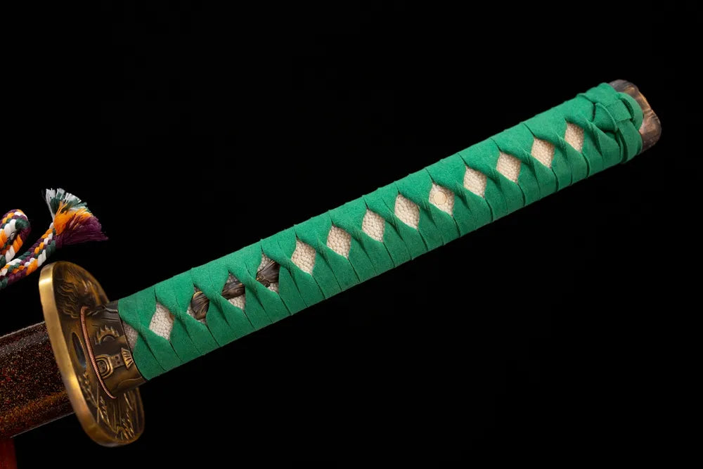 Full fresh‑green woven ito tsuka antique‑copper garden‑landscape‑relief fittings complete front shot
