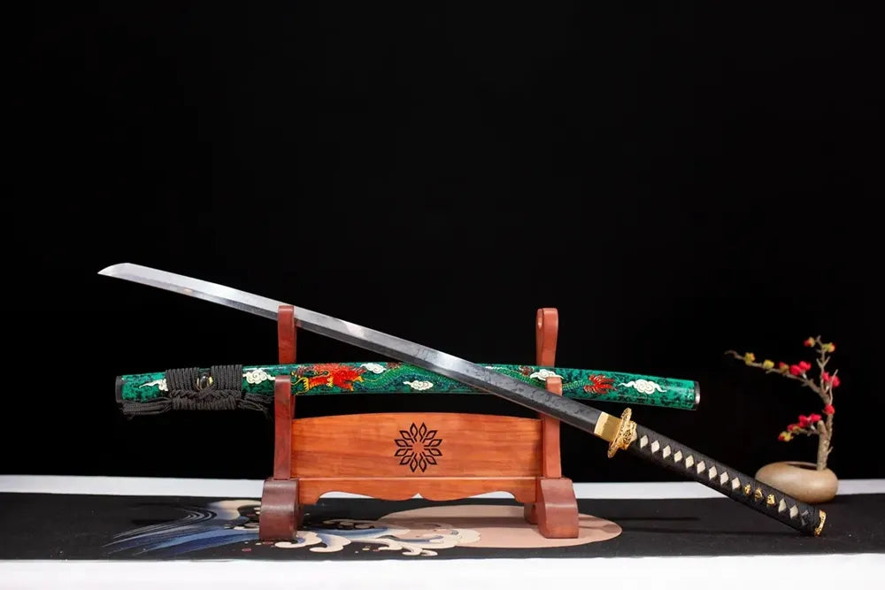 45‑angle open full‑size Dragon‑King‑Katana oriental‑dragon‑king imperial‑sovereign‑motif samurai katana two‑layer wooden stand front view