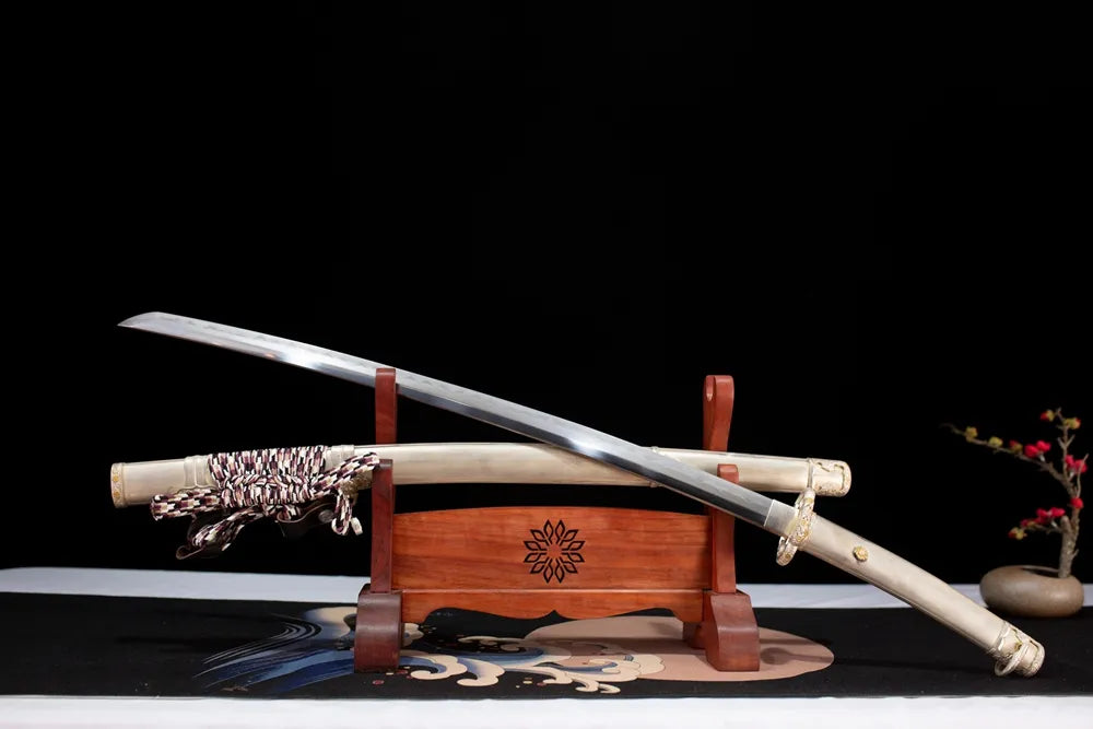 45‑angle open full‑size White‑Knight‑Tachi white‑knight chivalric‑fusion‑motif japanese tachi sword two‑layer wooden stand front view
