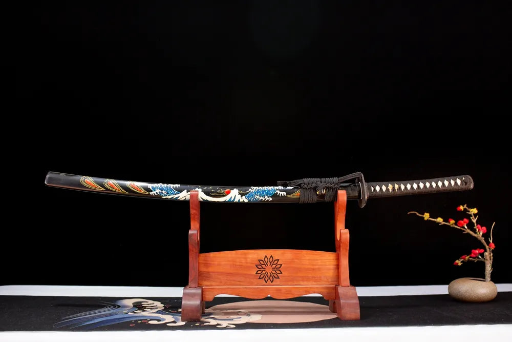 Horizontal laid closed gloss‑black hand‑painted kanagawa‑great‑wave The‑Great‑Wave‑Katana scabbard flat table‑top front display