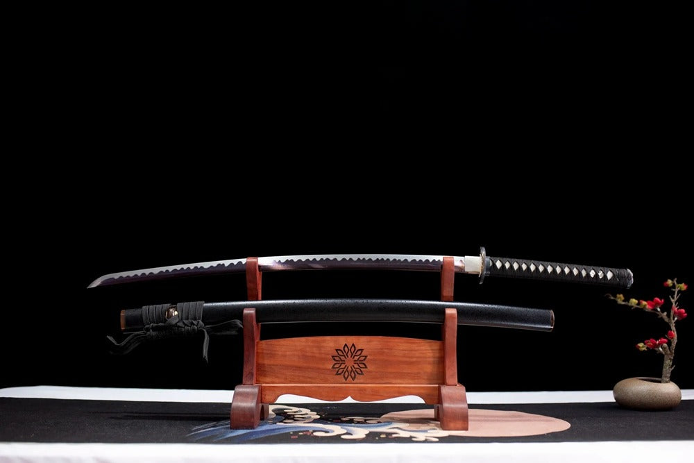 Flat fully‑drawn damascus folded oil‑quenched Lion‑Chop katana blade wooden rack front shot