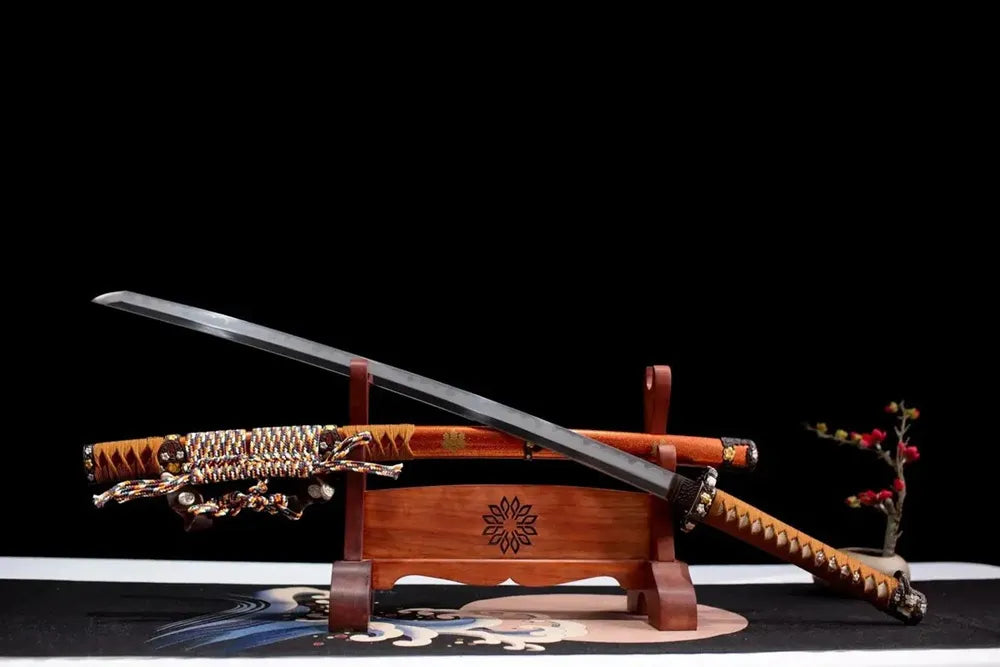 45‑angle open full‑size Toyotomi Hideyoshi historical tachi two‑layer wooden stand front view