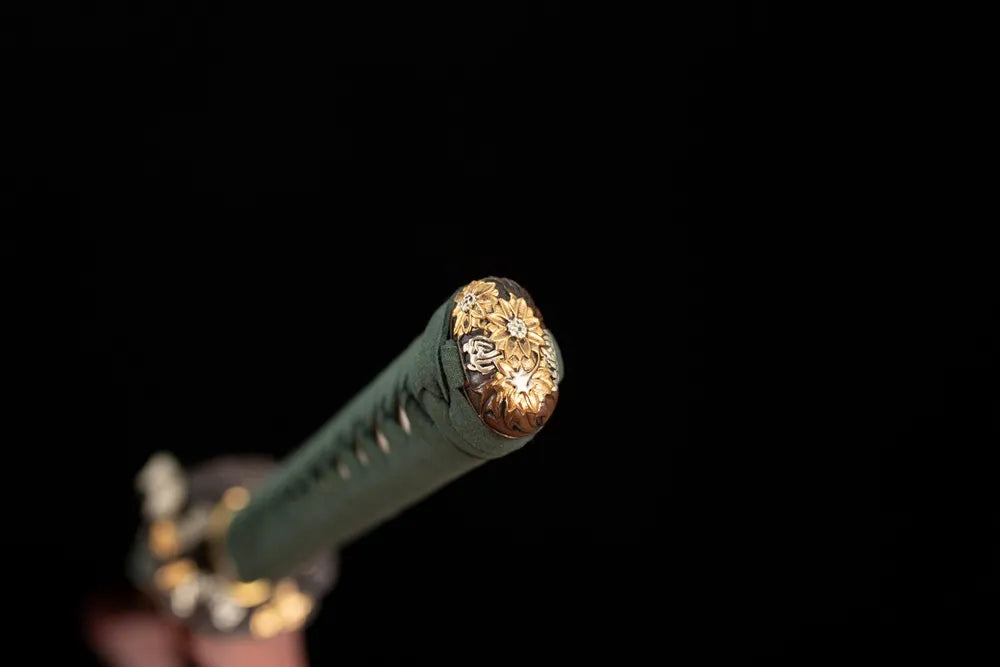 3D‑sculpted aeolian‑wind‑bell‑chime aged‑copper pommel‑cap detail shot