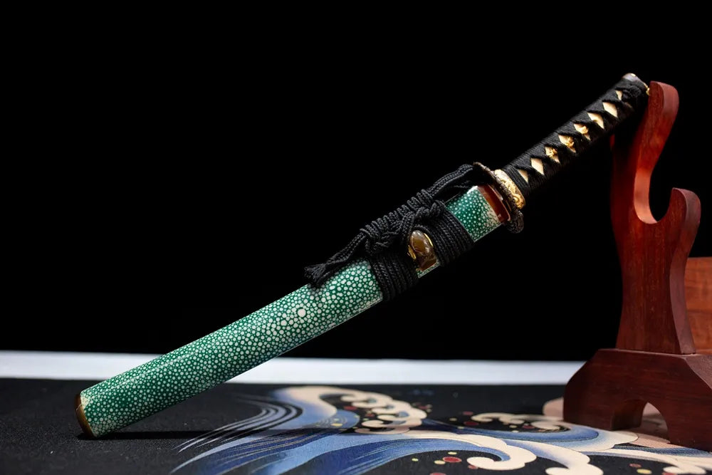 45° front fully sheathed Green‑Demon‑Wakizashi yokai‑oni dark‑fantasy themed wakizashi placed on carved wooden sword display stand
