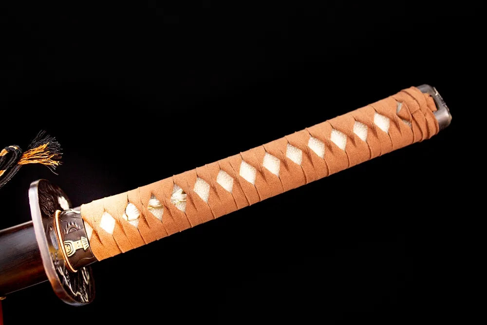Full khaki‑beige woven ito tsuka aged‑copper subtle‑hidden‑vein‑minimal‑relief fittings complete front shot