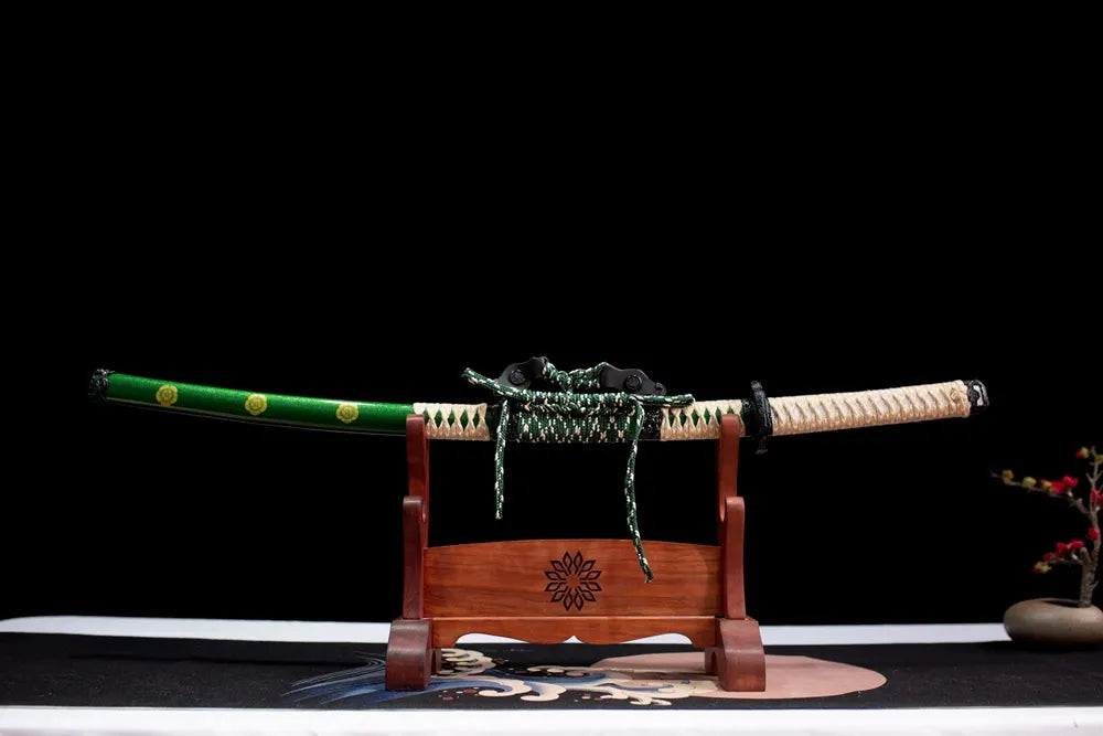 Horizontal laid closed green‑gradient sakura‑river Tachi‑Green‑Sakuragawa scabbard flat table‑top front display