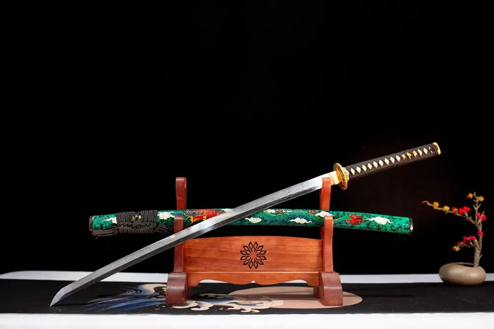Slanted upright drawn Dragon‑King‑Katana dragon‑king‑imperial‑art katana wooden shelf front perspective