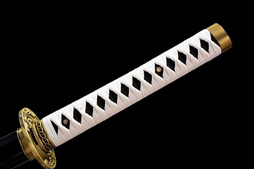 Full black ray‑skin woven tsuka slim silver minimal fittings front shot