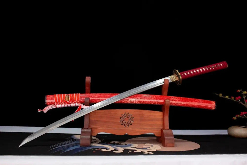 Slanted upright drawn Purgatory‑Katana purgatory‑hannya‑dark‑demon‑art katana wooden shelf front perspective