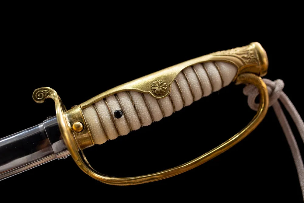Full real‑fish‑skin wrapped grip ornate engraved brass D‑shaped guard complete front shot