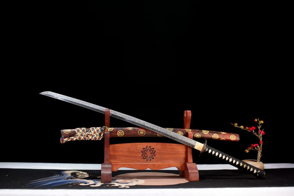 45‑angle open full‑size Drawing‑Katana japanese ink‑wash hand‑drawing artistic‑motif samurai katana two‑layer wooden stand front view