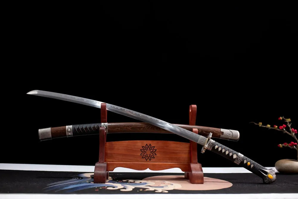 45 angle open full size ghost mask ninja dragon katana wood rack