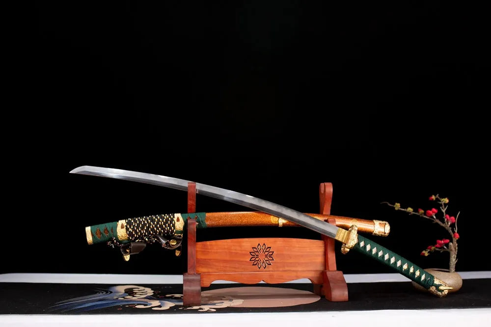 45‑angle open full‑size Nobunaga‑Orange‑Tachi sengoku oda‑nobunaga azuchi‑momoyama daimyo‑historical tachi long sword two‑layer wooden stand front view