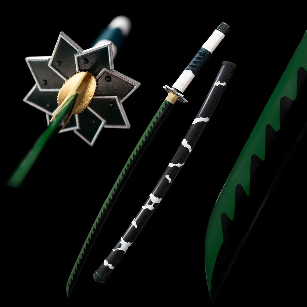 Shinazugawa Sanemi Wind Hashira nichirin katana drawn jagged wind‑edge blade black wind‑print saya full black‑background studio shot
