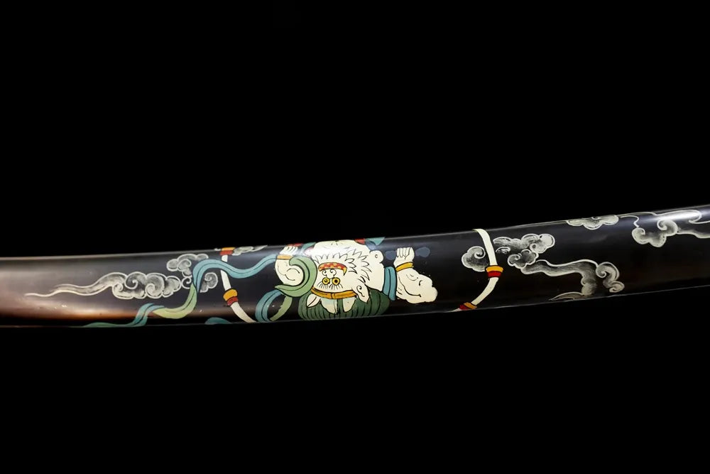Mid‑section glossy‑black lacquer hardwood katana saya raijin‑fujin thunder‑cloud graphic texture close‑up