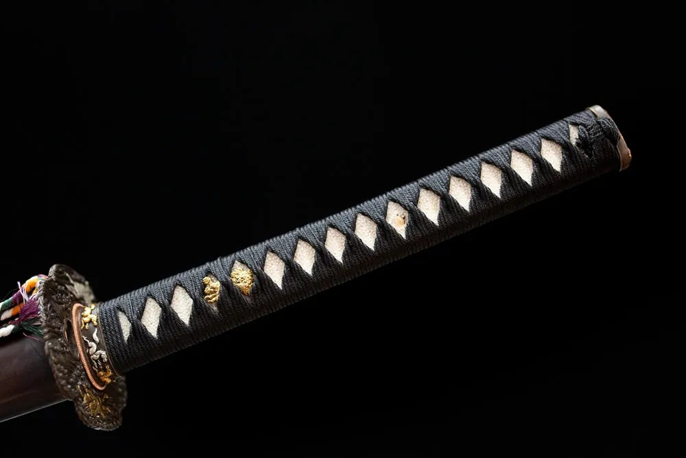 Full black woven ito tsuka 3D eastern‑dragon‑relief gold‑silver‑plated copper fittings complete front shot