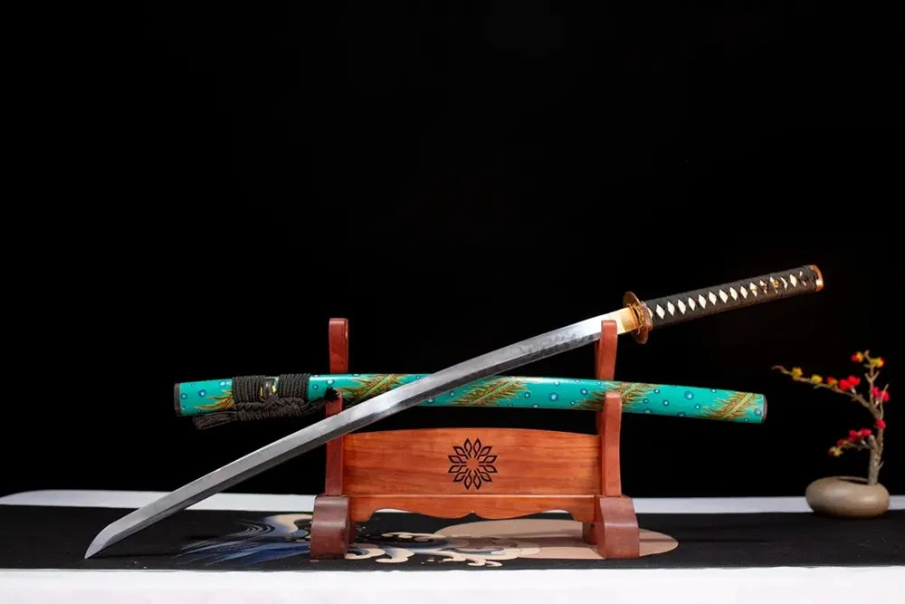 Slanted upright drawn Blue‑Peafowl‑Katana exotic‑peafowl‑plumage‑art katana wooden shelf front perspective