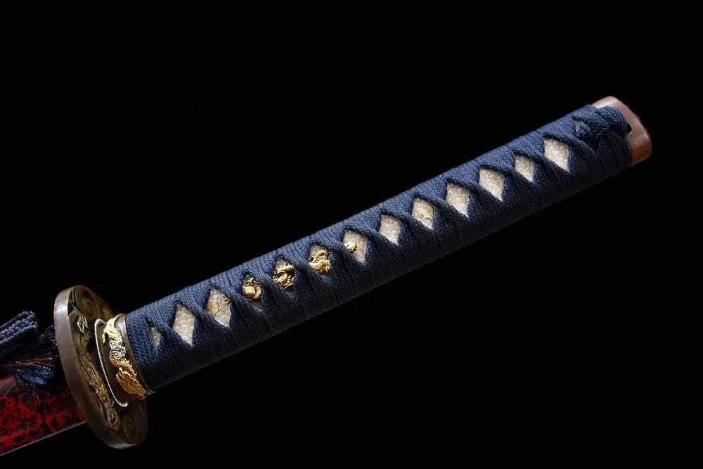 Full smoky‑gray woven ito tsuka dark‑silver aged‑alloy thunder‑cloud‑relief fittings complete front shot