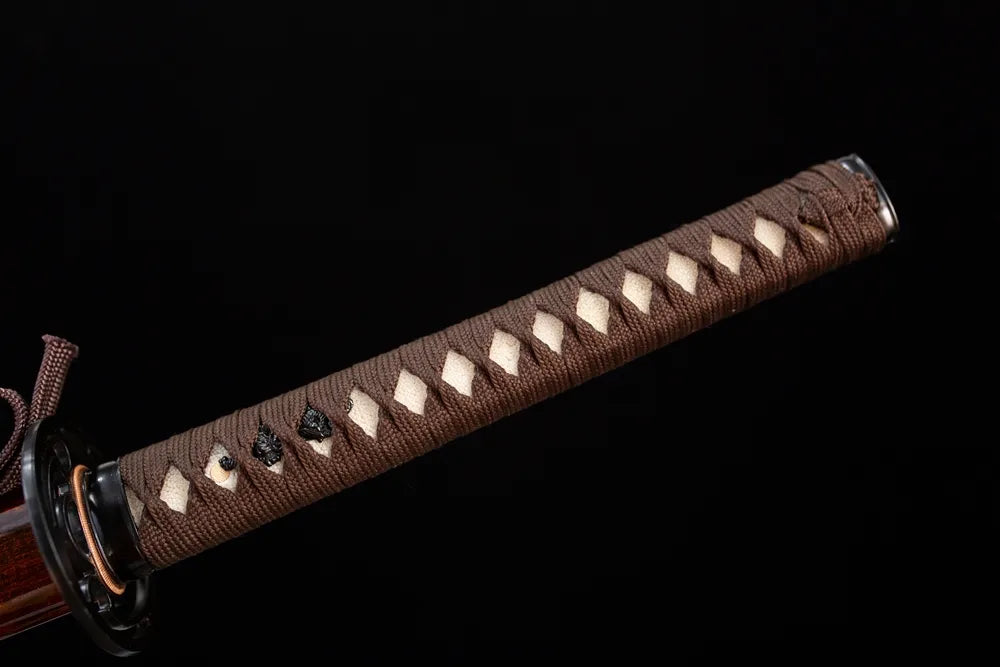 Full charcoal‑grey woven ito tsuka matte‑alloy plain‑simple‑understated‑relief fittings complete front shot