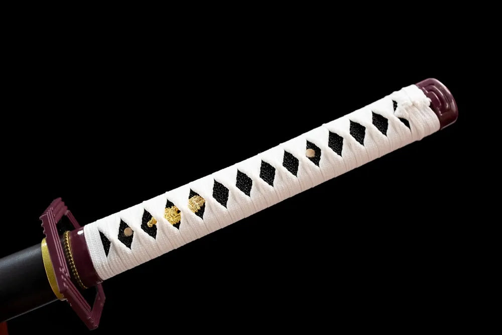 Full white woven tsuka octagonal purple‑red alloy fittings complete front shot