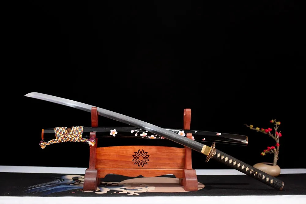45‑angle open full‑size Sakura‑Katana spring‑cherry‑blossom hanamichi‑aesthetic‑motif samurai katana two‑layer wooden stand front view