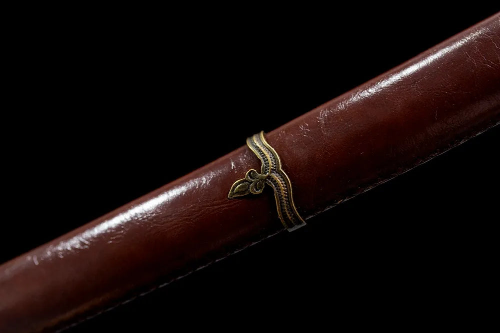Mid‑section brown faux‑leather finish hardwood saya military hanging‑ring fitting texture close‑up