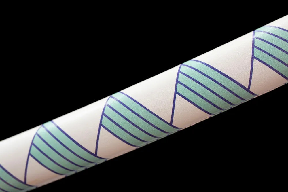 Mid‑section white hardwood saya blue‑grey wave‑print ornament texture close‑up