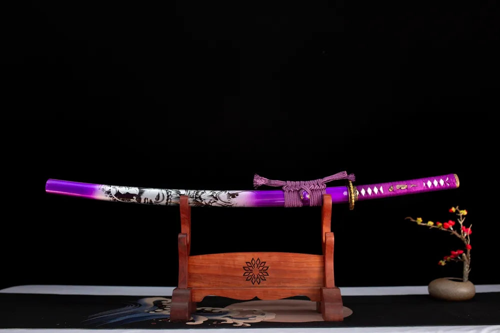Horizontal laid closed gradient‑purple‑aurora drifting‑cloud Purple‑Qi‑Haoran‑Katana scabbard flat table‑top front display