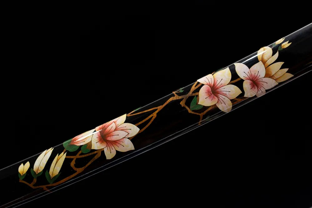 Mid hand-painted pink dactylicapnos vine flower black lacquer sheath texture