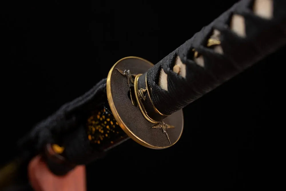 Reverse‑side origami‑paper‑crane‑flying carving copper‑brass tsuba surface texture close‑up