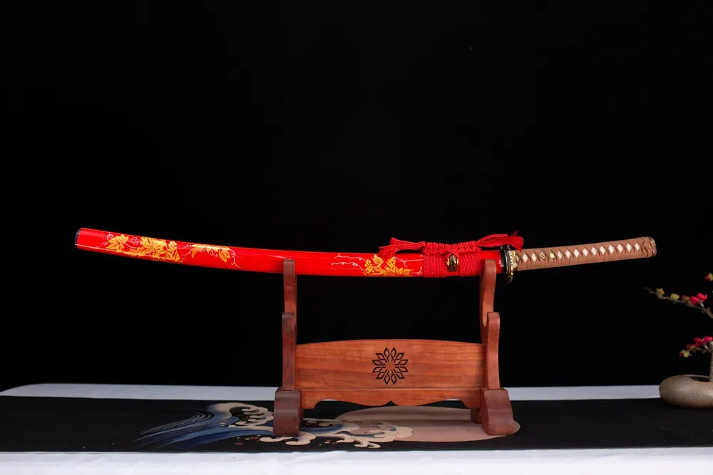 Horizontal laid closed wine‑red sunflower‑bloom Sunflower‑Katana scabbard flat table‑top front display