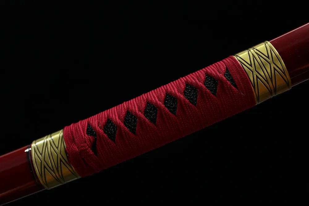Mid‑section glossy bright‑red hardwood saya metal‑band decoration texture