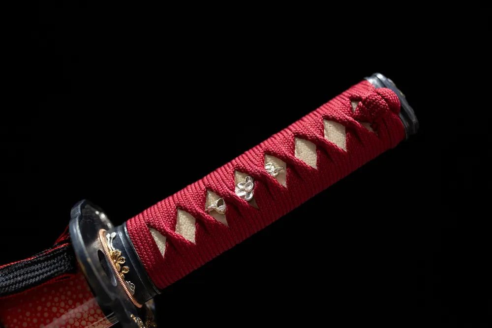 Full deep‑crimson woven ito tsuka black‑gold gilded red‑plum‑floral‑relief fittings complete front shot