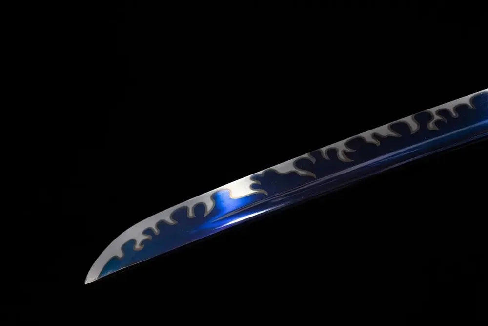 Classic functional katana‑style kissaki tip of Geisha‑Katana blue‑tinted etched blade close‑up view
