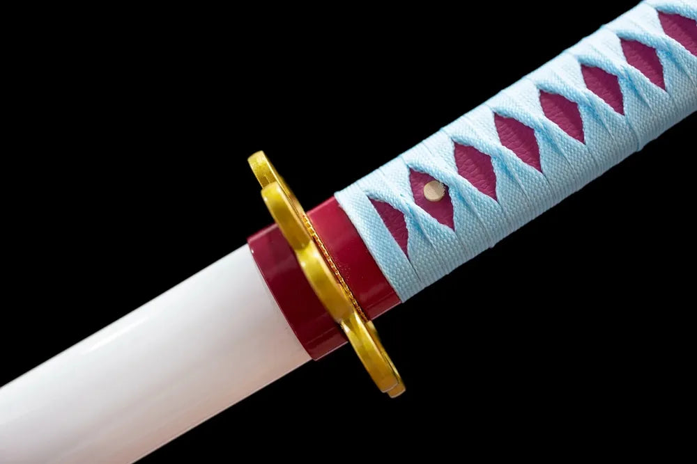 Kanroji Mitsuri Katana – Demon‑Slayer Love Hashira 1060 Steel Sakura‑Flower Tsuba Light‑Blue‑Pink Tsuka White Saya Pink‑Wave‑Print Blade Nichirin Anime Sword