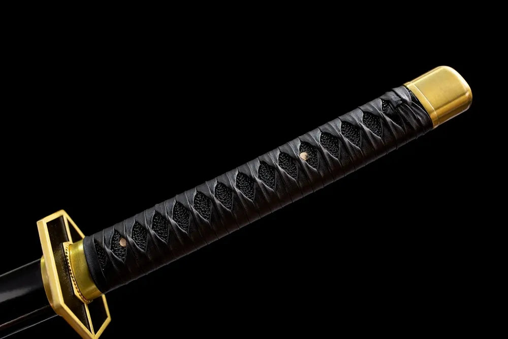 Full black ray skin woven tsuka hex brass fittings front shot