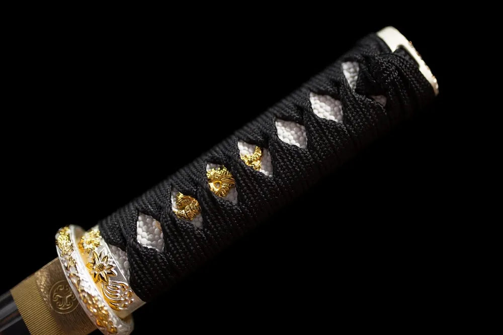 Full black woven ito tsuka gilded floral‑carved alloy fittings complete front shot