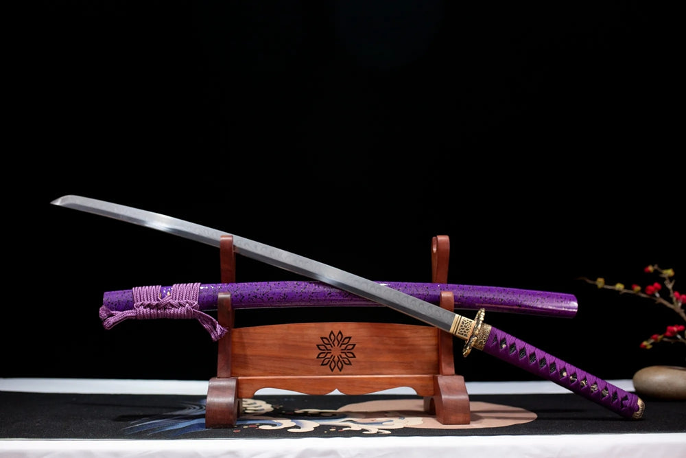 45‑angle open full‑size Lady‑Murasaki‑Katana lady‑murasaki wisteria‑scroll elegant feminine‑oriented samurai katana two‑layer wooden stand front view