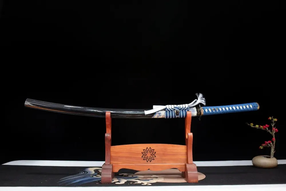 Horizontal laid closed high‑gloss‑piano‑black blue‑white‑butterfly Butterfly‑Dance‑Katana scabbard flat wooden‑stand table‑top front display