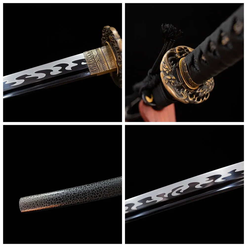 Four‑grid collage matte‑dark‑aged‑copper hell‑fiend‑demon‑relief tsuba, deep‑black woven ito tsuka, charcoal‑black pearl‑crack‑texture saya, taganeha baked‑black darkened blade close‑up details