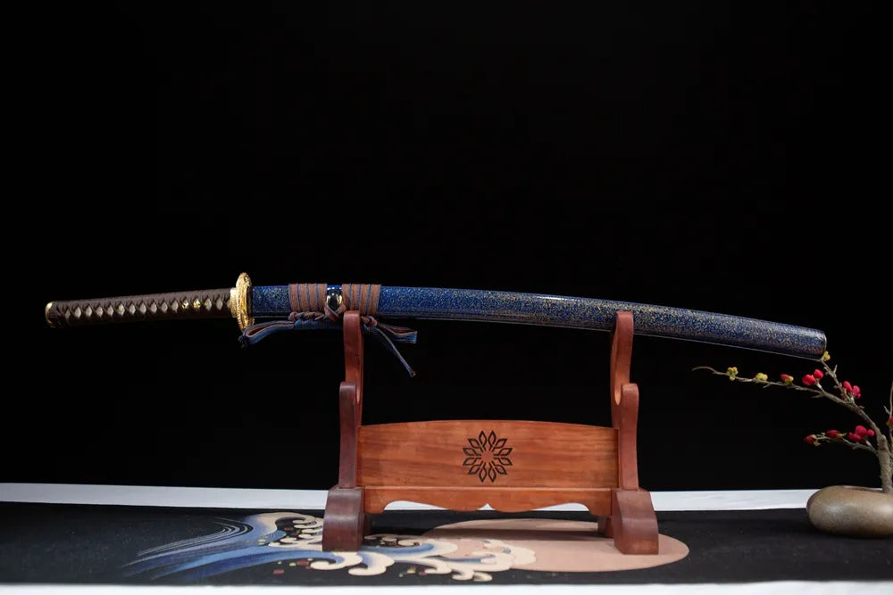 Horizontal laid closed blue speckle marine samurai sword