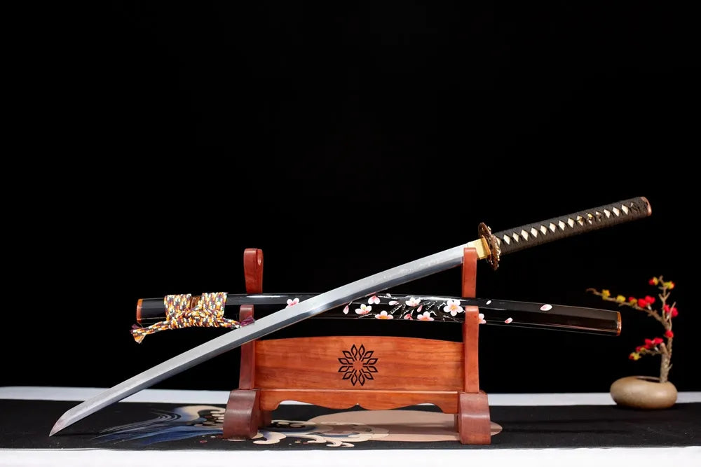 Slanted upright drawn Sakura‑Katana spring‑sakura‑hanamichi‑art katana wooden shelf front perspective