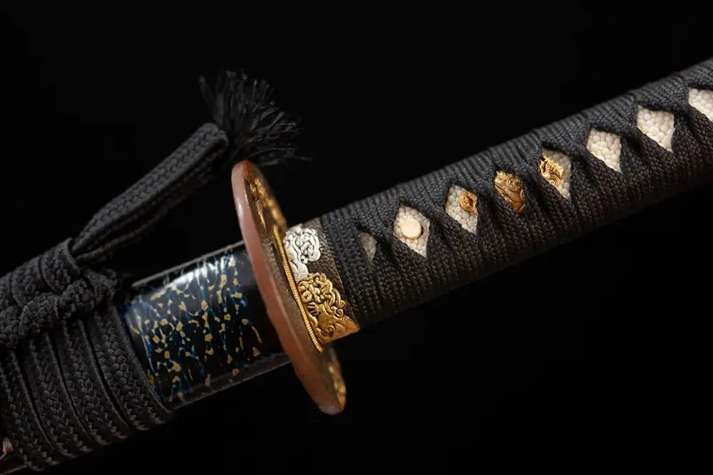 Cloud‑auspicious‑beast‑relief aged‑bronze‑gilded fuchi grip‑ring macro close‑up
