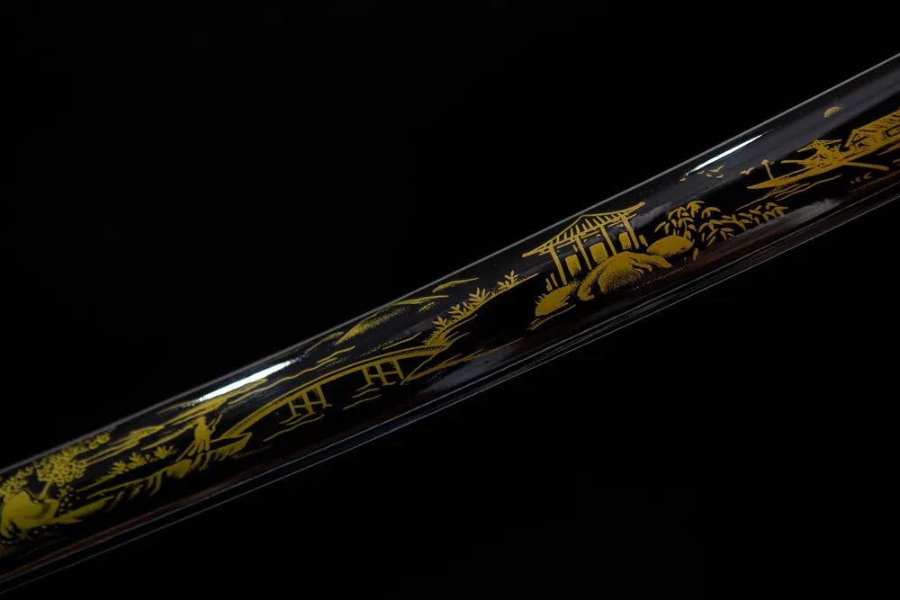 Mid black lacquer golden flower print sheath texture