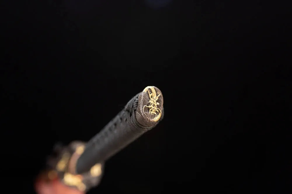 3D‑sculpted nine‑heaven‑sovereign‑dragon antique‑gilt bronze pommel‑cap detail shot