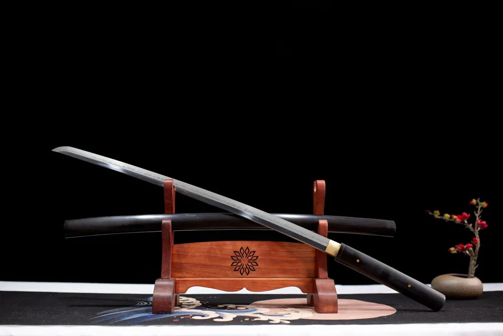 Slanted upright drawn Destruction‑Shirasaya purist‑style shirasaya katana wooden shelf front perspective