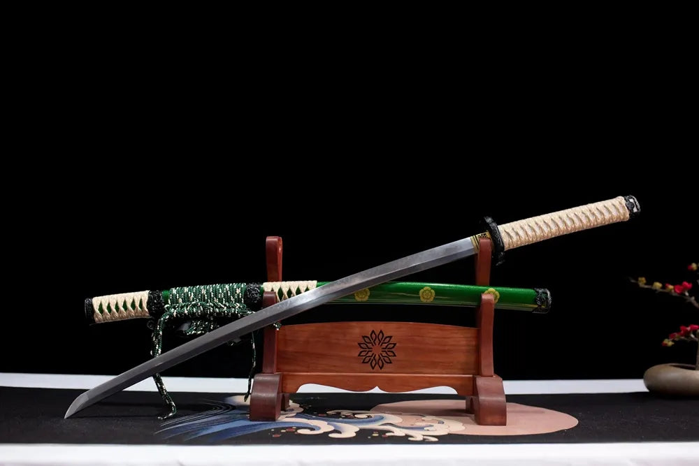 Slanted upright drawn Tachi‑Green‑Sakuragawa spring‑scenery themed tachi wooden shelf front perspective
